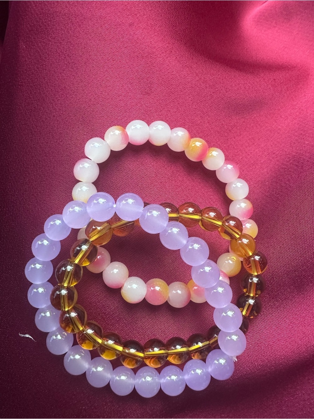 Pink, Lavender and Amber Beaded Stretch Bracelet Set